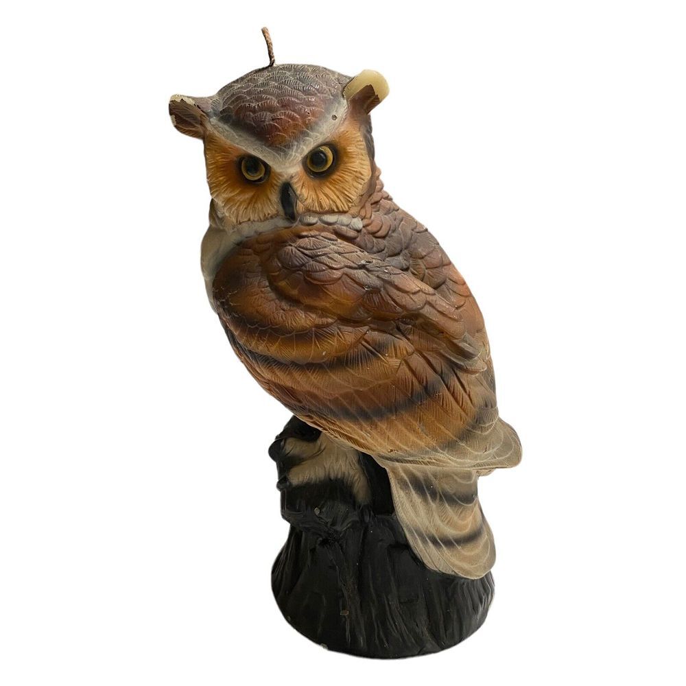 VINTAGE Large 10" Wax Owl Candle Brown Unburned - has some flaking see pics